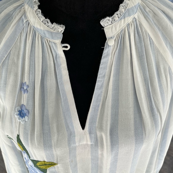 Anthropologie Carolina Blue+White Striped Blouse with Embroidered Flowers, Sz S - Picture 4 of 9